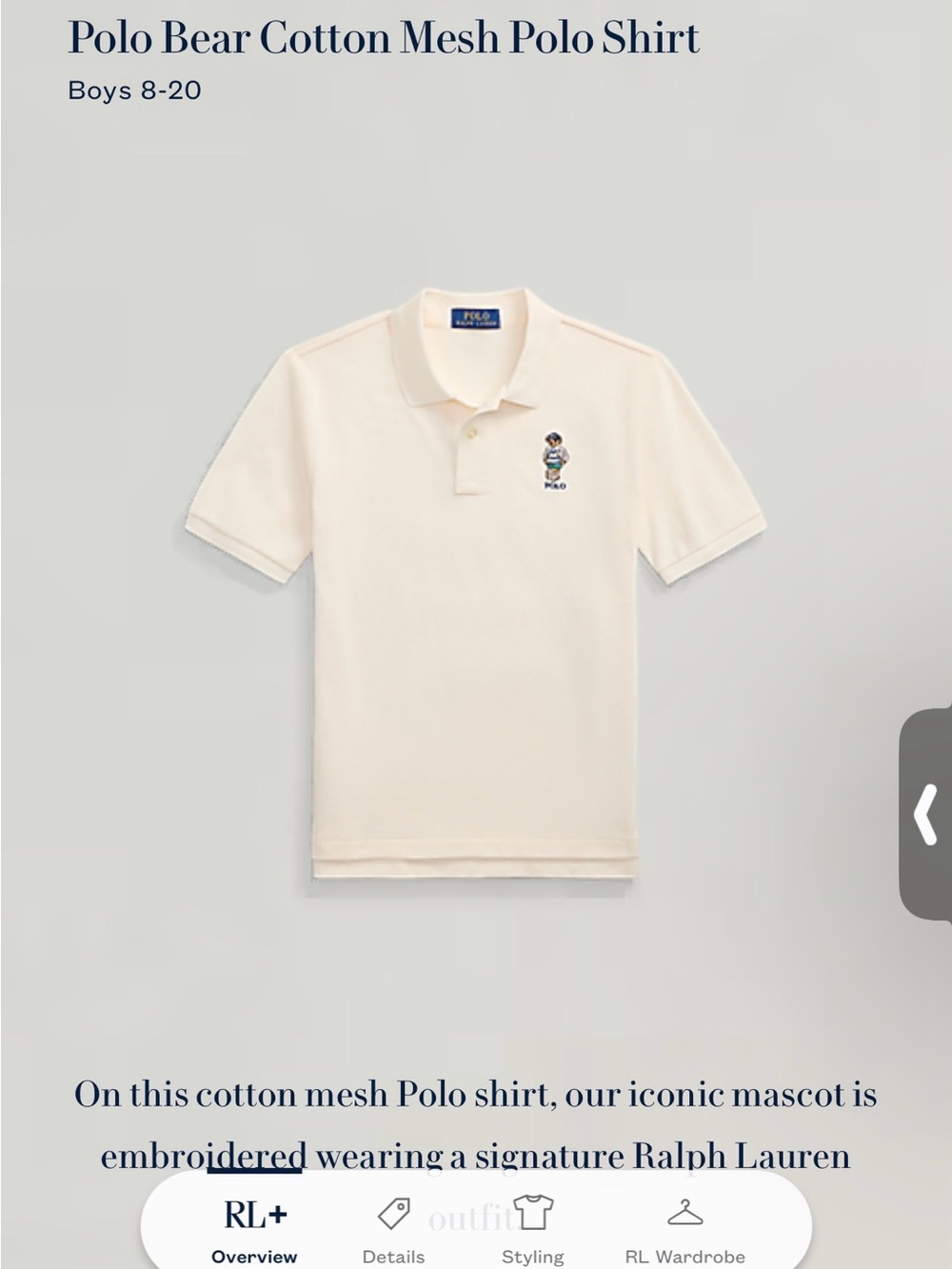 Polo by Ralph Lauren Cream Polo Bear Cotton Mesh Polo Shirt